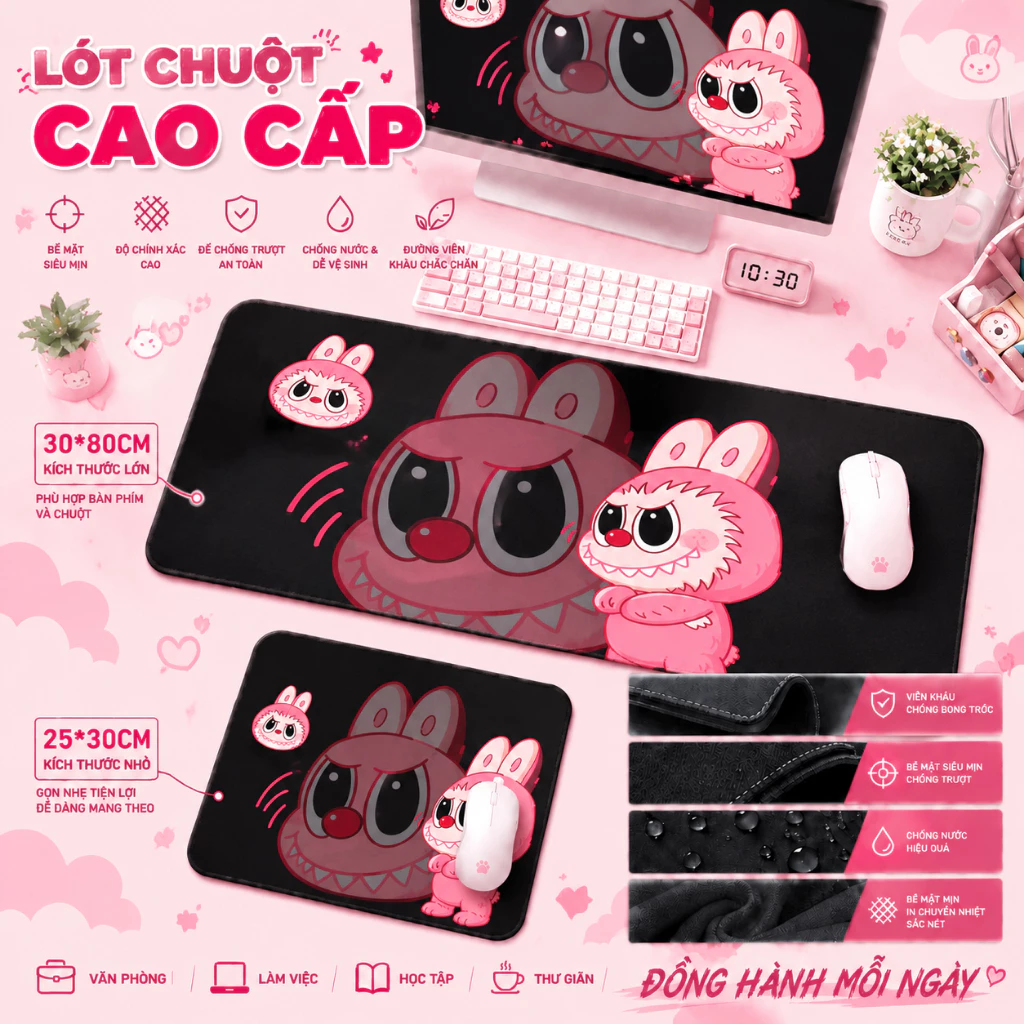 Tấm lót chuột Labubu cute, tấm lót chuột bàn phím cỡ lớn, họa tiết hoạt hình ngộ nghĩnh, bề mặt mịn