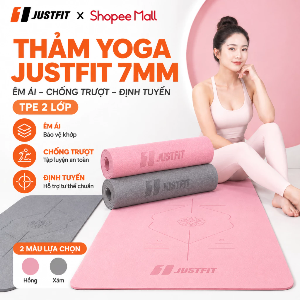 Thảm Yoga JUSTFIT 7mm TPE 2 Lớp Cao Cấp 182x63cm - Thảm Tập Yoga Pilates Chống Trượt Êm Ái Có Định Tuyến