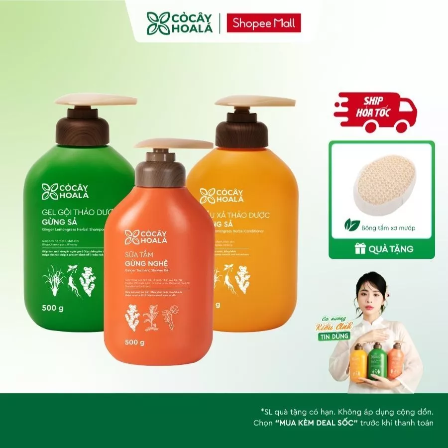 [TẶNG BÔNG TĂM XƠ MƯỚP] COMBO Dầu Gội Xả Thảo Dược Gừng Sả 500G & Sữa Tắm Gừng Nghệ 500G Cỏ Cây Hoa Lá