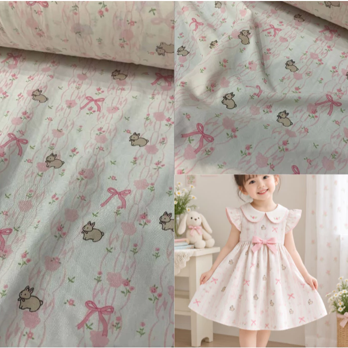 Vải đũi họa tiết thỏ nâu nơ hồng xinh xắn đáng yêu dùng may váy đầm, áo kiểu, phụ kiện thời trang cho bé