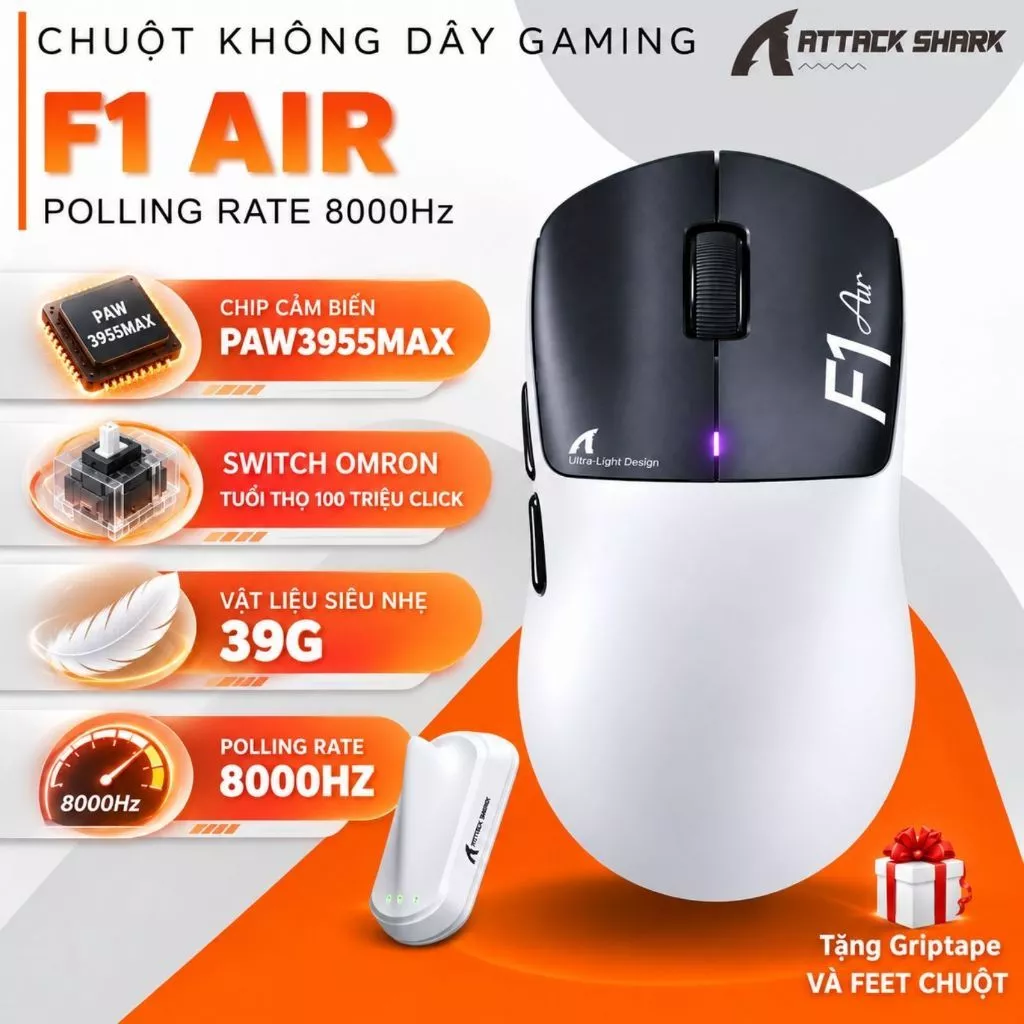 Chuột Gaming Không Dây Attack Shark F1 Air - PAW3955MAX, Siêu Nhẹ 39G, 8KHz, Nordic 54L15, 60000 DPI