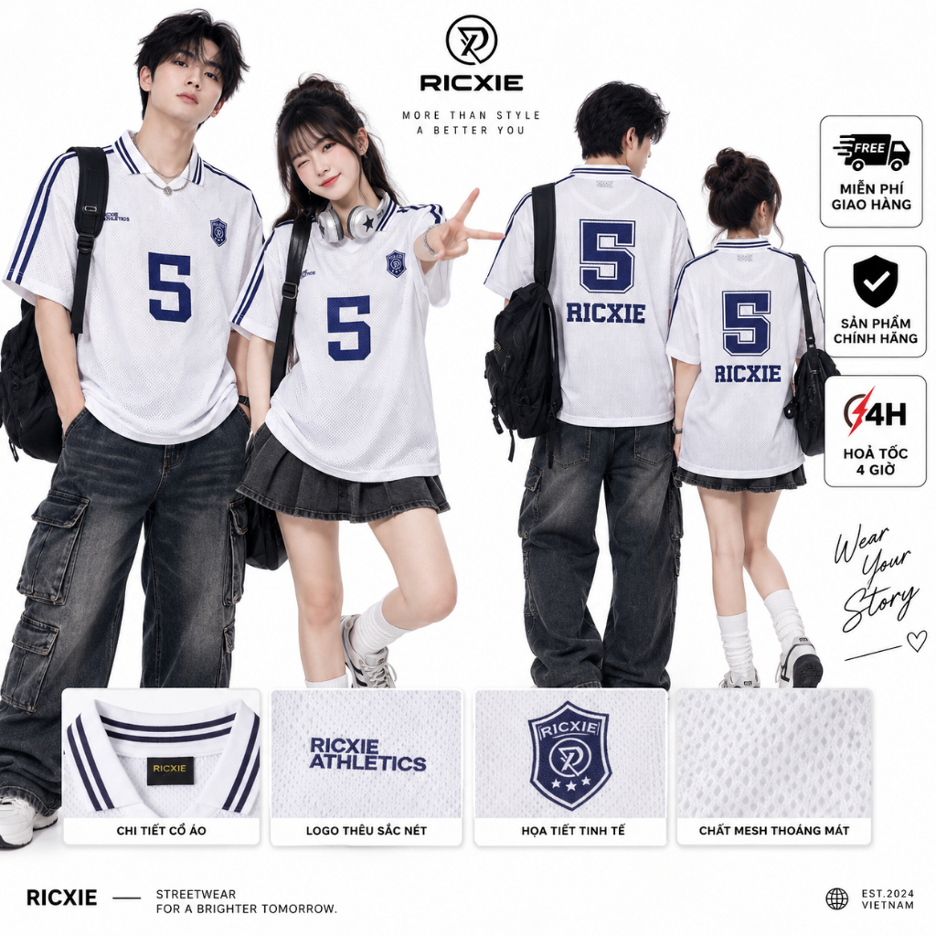 RICXIE Áo Thun Lưới Số 5 Unisex Form Rộng Nam Nữ Vải Thái Thoáng Mát Oversize