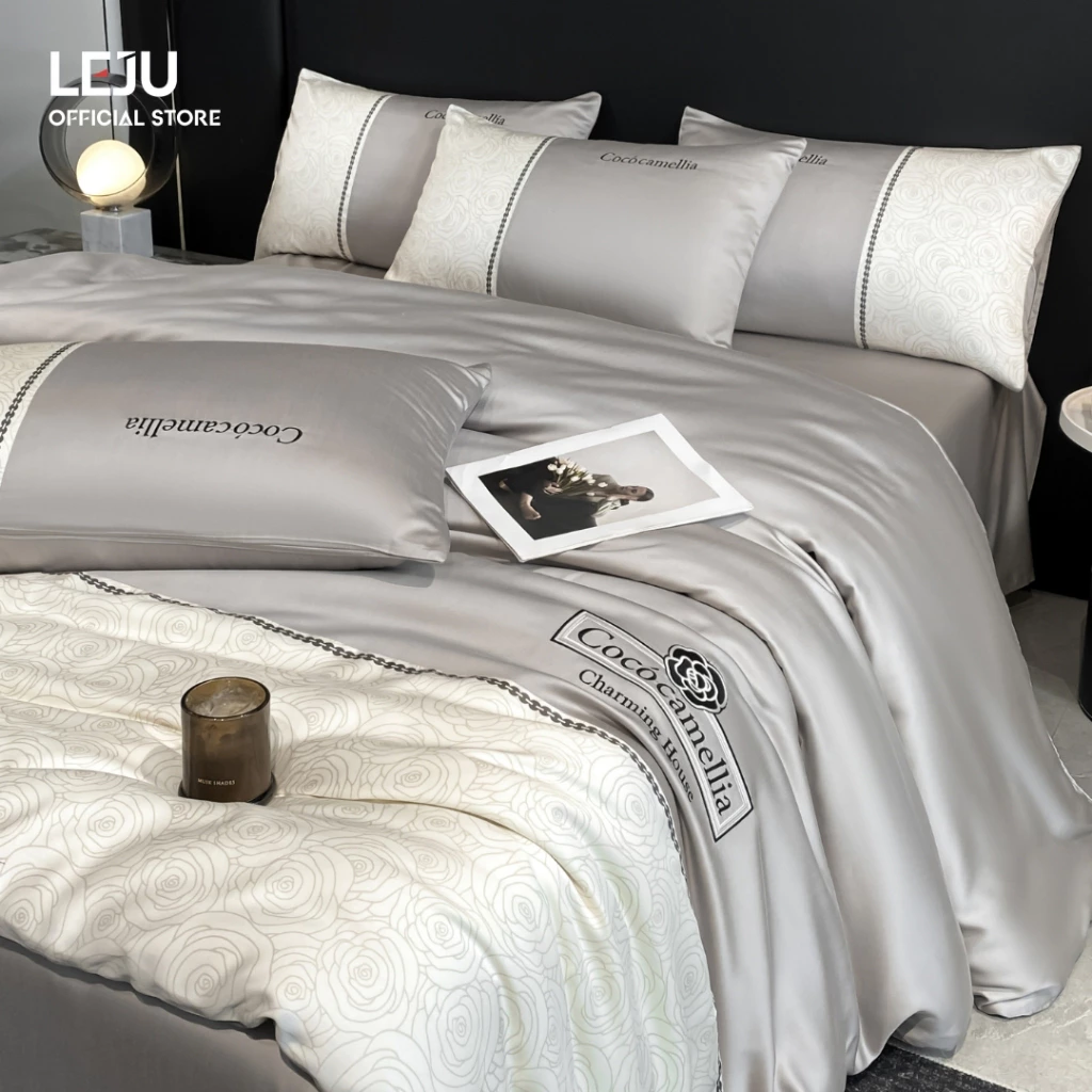 Combo Chăn Ga Gối HOME LEJU Bộ 4 Món Ga Trải Giường Mùa Hè Lụa Giặt Nước Cao Cấp Mềm Mại Chăn Kèm Gối