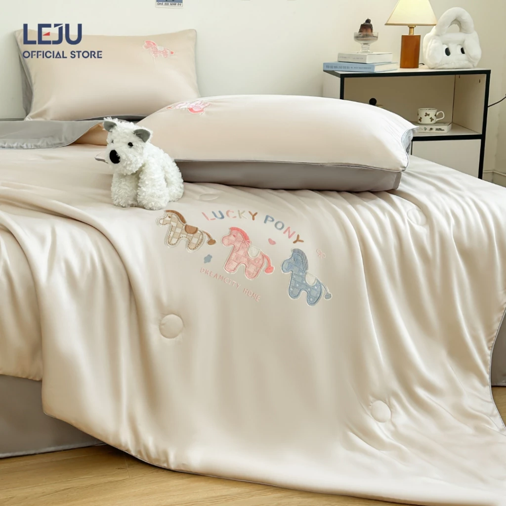 Bộ  4 Món Chăn Ga Gối HOME LEJU Cao Cấp Bộ Drap Trải Giường Thêu Họa Tiết Dễ Thương Lụa Lạnh Giặt Nước Mùa Hè