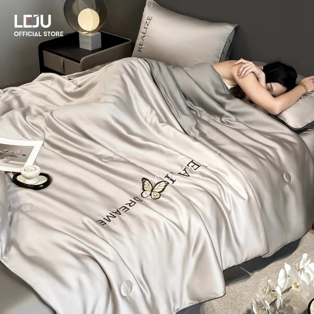 Combo 4 Món Chăn Ga Gối HOME LEJU Bộ Ga Trải Giường Mùa Hè Mịn Mát Set Chăn Hè Chần Bông Lụa Giặt Nước