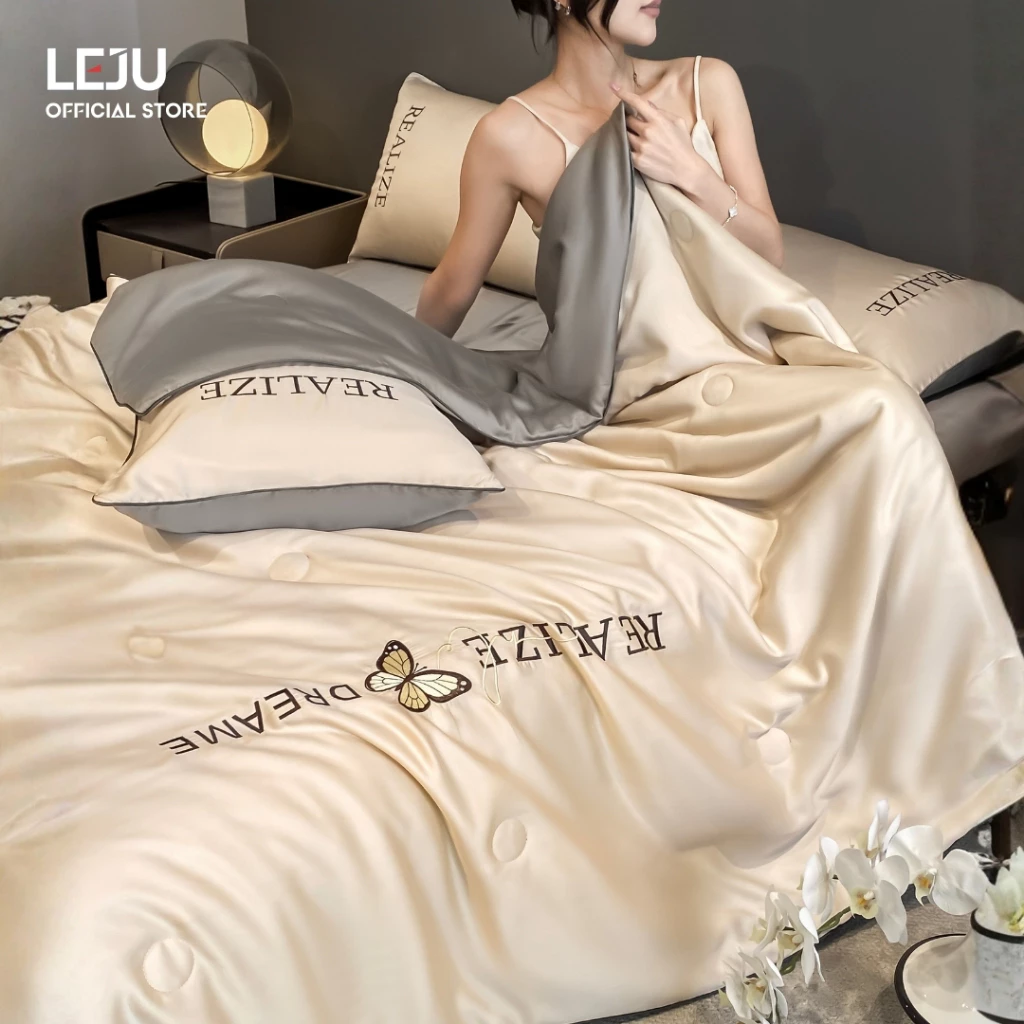 Set 4 Món Chăn Ga Hè HOME LEJU Bộ Chăn Ga Gối Trần Bông Mùa Hè Êm Ái Ga Trải Giường Sang Trọng Kèm Vỏ Gối