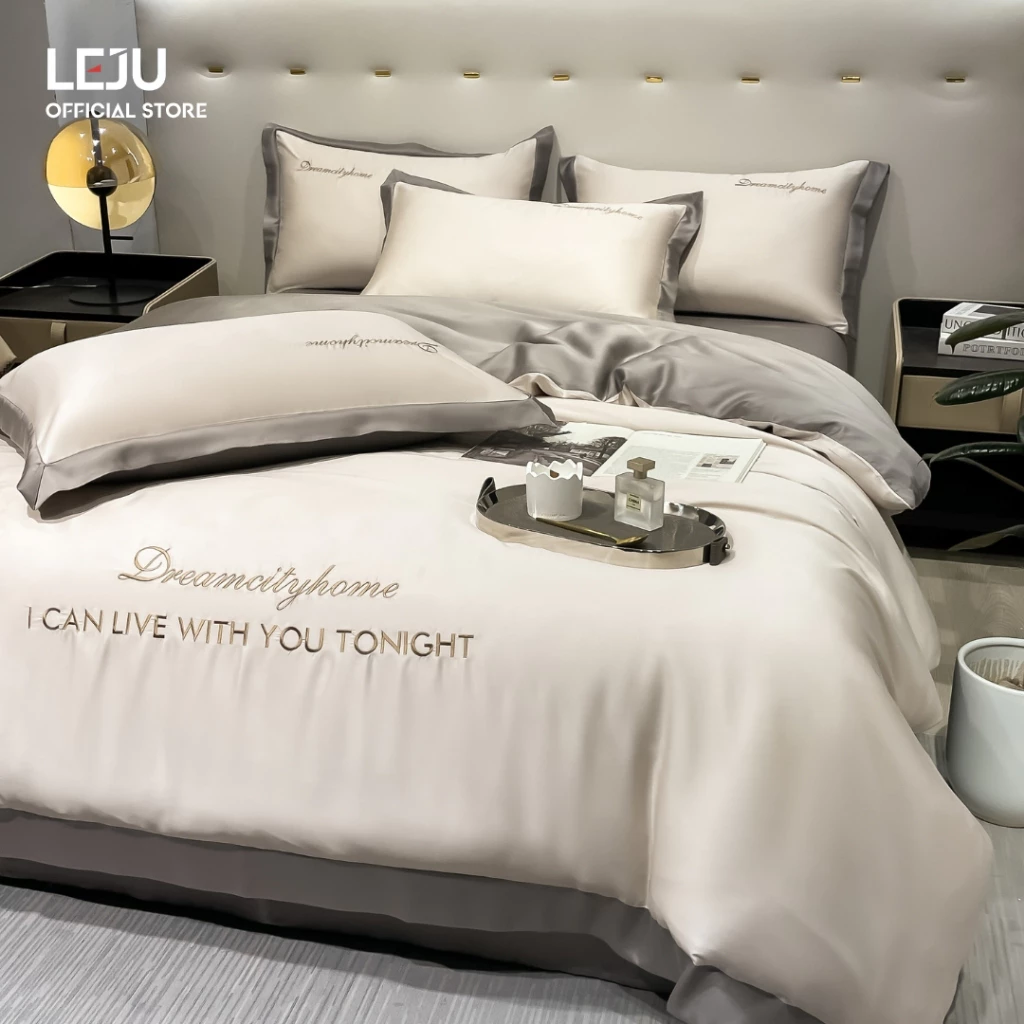 Bộ Chăn Ga Gối 4 Món HOME LEJU Lụa Giặt Nước Cao Cấp Thoáng Khí Mùa Hè Combo Vỏ Chăn Ga Phủ Ít Nhăn