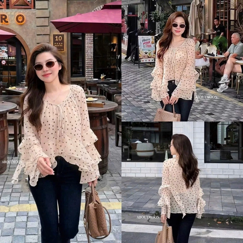 (Hàng Mới): Áo Tơ Chấm Bi Tay Dơi Bèo Cổ Trễ Màu Nude Mix Chân Váy , Quần Đều Xinh-Ảnh Thật Lollaye