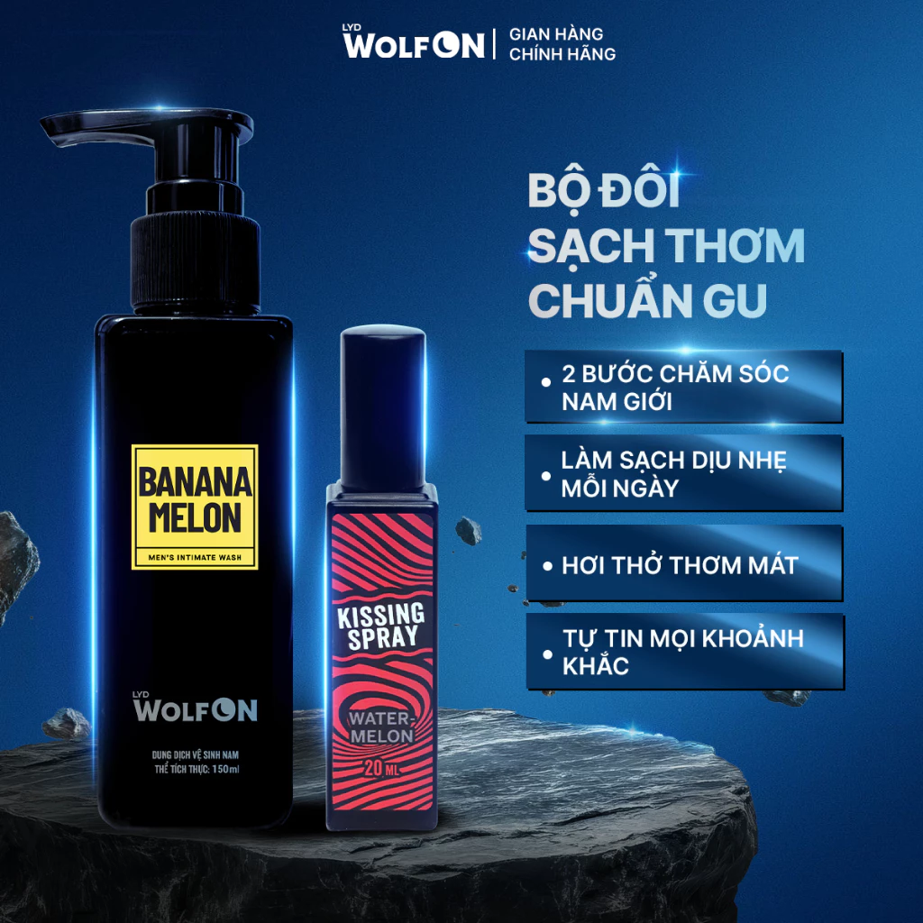 Combo Dung Dịch Vệ Sinh Banana Melon 150ml - Xịt Thơm Miệng Kissing Spray 20ml LYD Wolf On