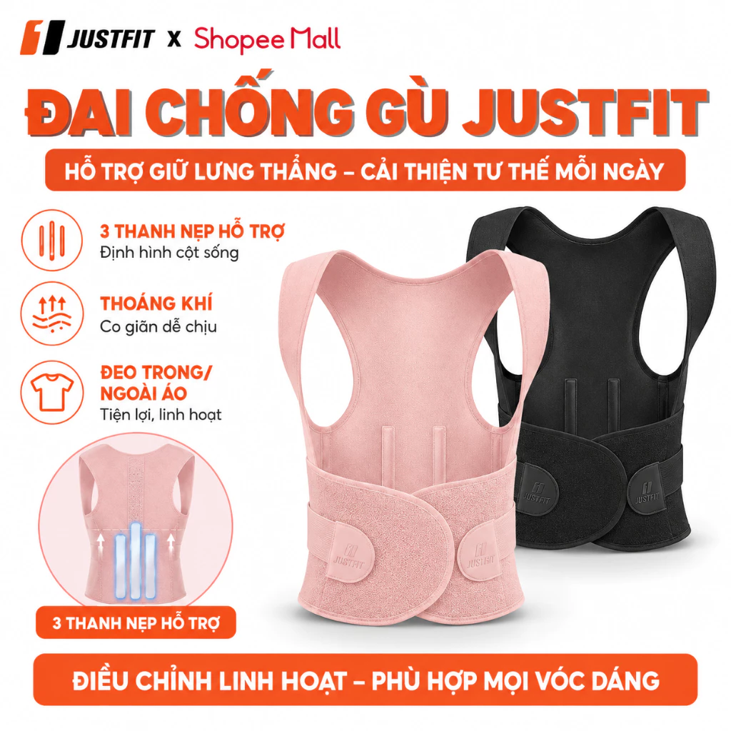 Đai Chống Gù Lưng JUSTFIT Cao Cấp - Đai Chỉnh Tư Thế Hỗ Trợ Giữ Thẳng Lưng, Vai Gáy  Có 3 Thanh Nẹp Hỗ Trợ
