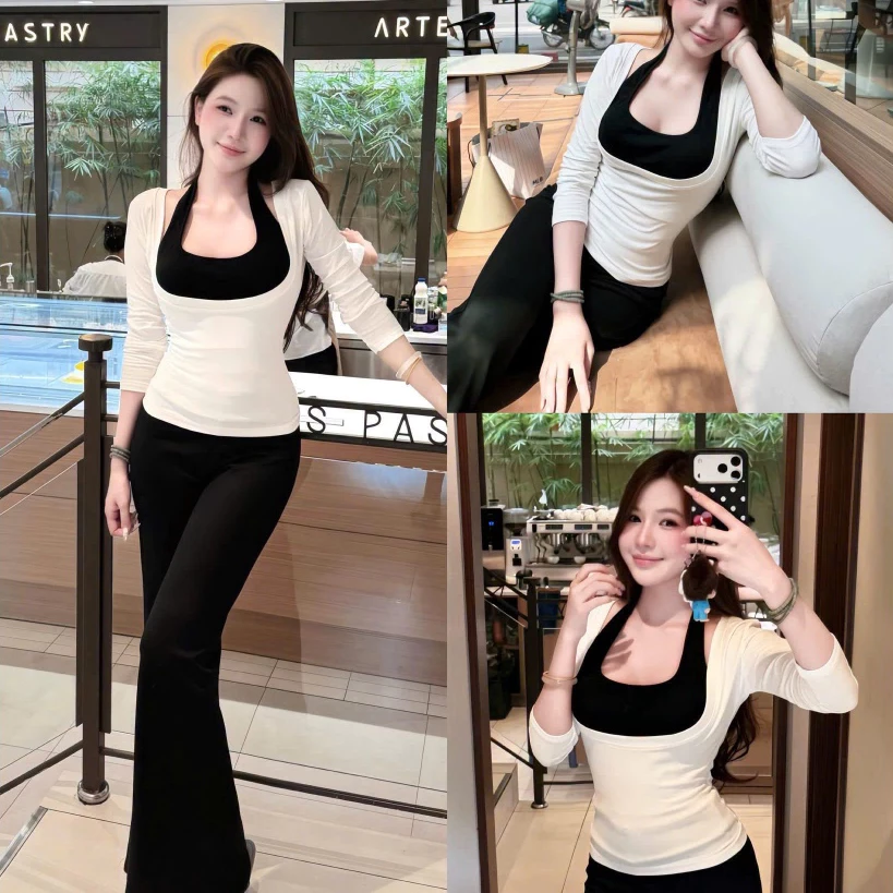 (Set 3 Chi Tiết):Áo Yếm Đen Phối Áo Thun Trắng Ôm Body Dài Tay Mix Quần Nỉ Mì Đen Ống Loe-Ảnh Thật Lollaye