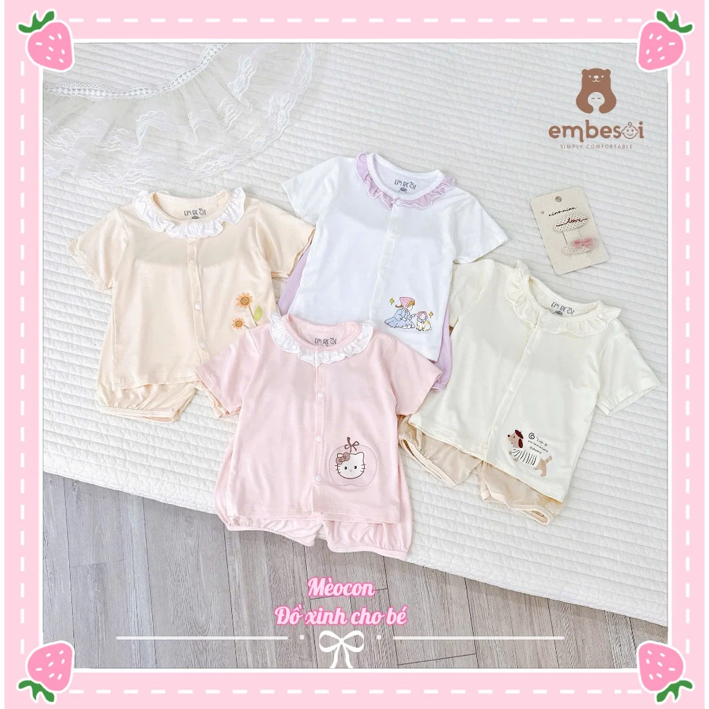 Bộ ngắn tay sơ sinh cổ phối bèo,vải petit mềm mại, bộ cộc cho bé gái từ 3-8,5kg
