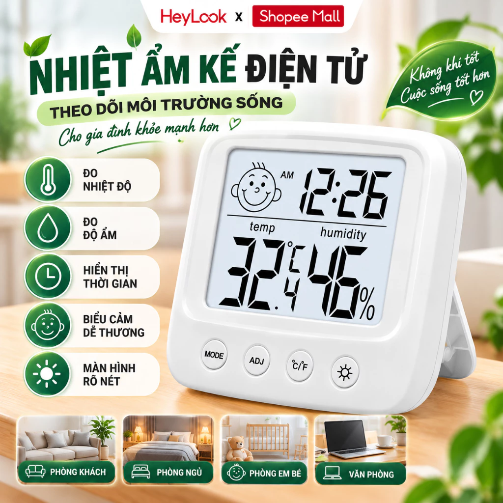 Nhiệt Ẩm Kế Điện Tử Để Bàn, Nhiệt Kế Đo Nhiệt Độ Độ Ẩm Phòng Có Đồng Hồ, Màn Hình LCD Cho Phòng Ngủ