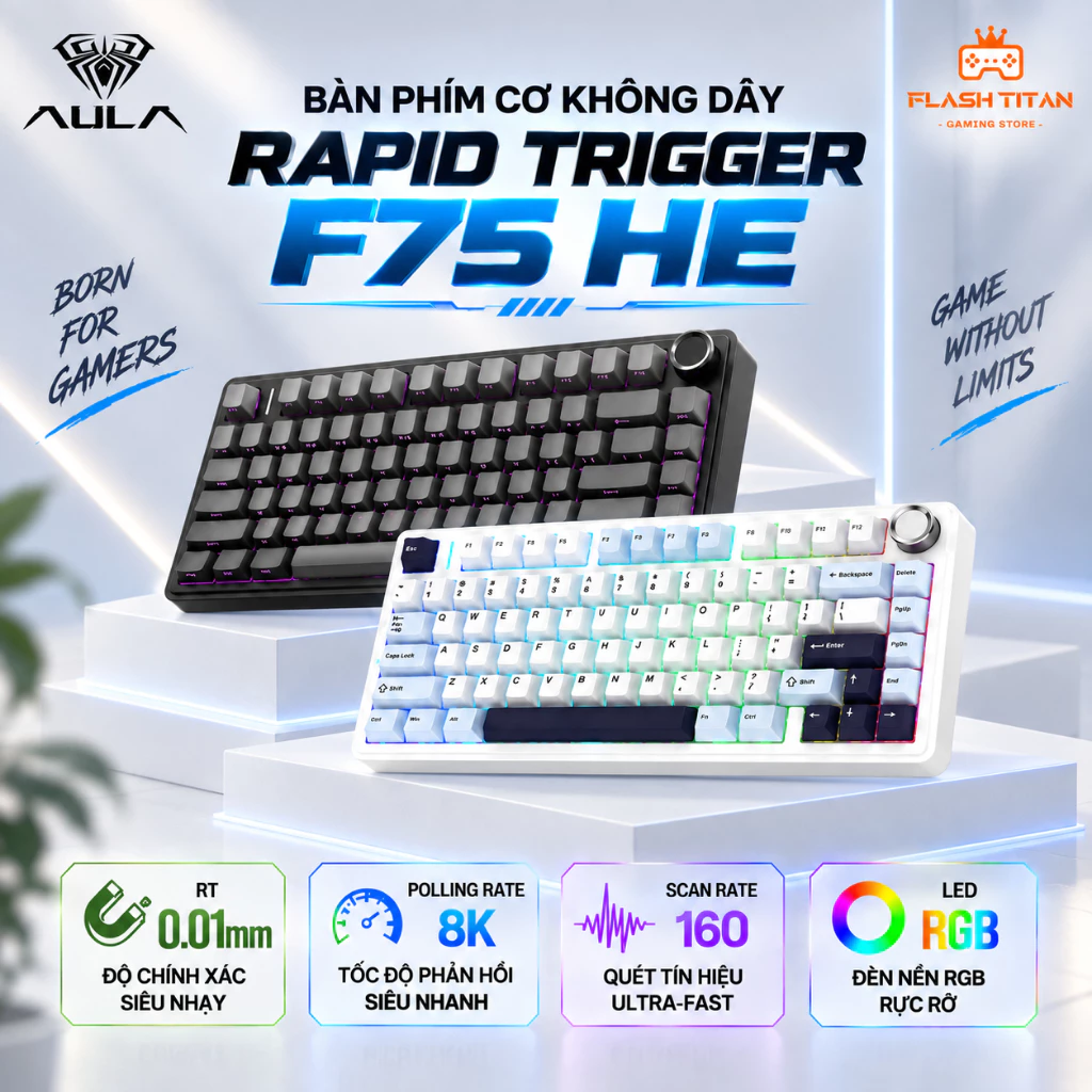 Bàn phím cơ không dây Aula F75 HE Gaming Rapid trigger, Polling rate 8k,Độ trễ thấp Phù Hợp Chơi Game FPS Dùng PC laptop