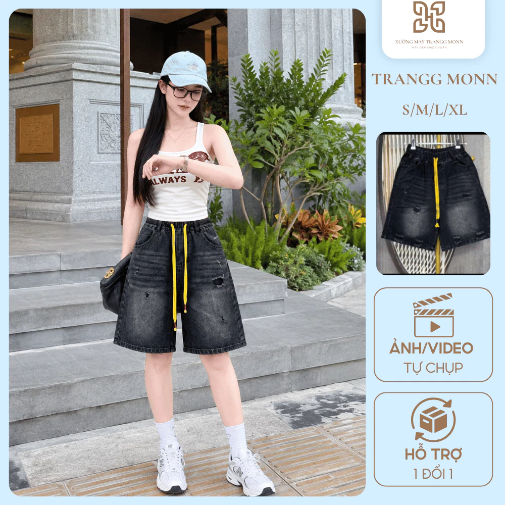 (Combo 2Q, Lẻ 1) Quần Lửng Jean Nữ Chun Co Giãn, Quần Short Ngố Lửng Dây Vàng Ống Rộng Màu Đen Hack Dáng Hot Trend 2025