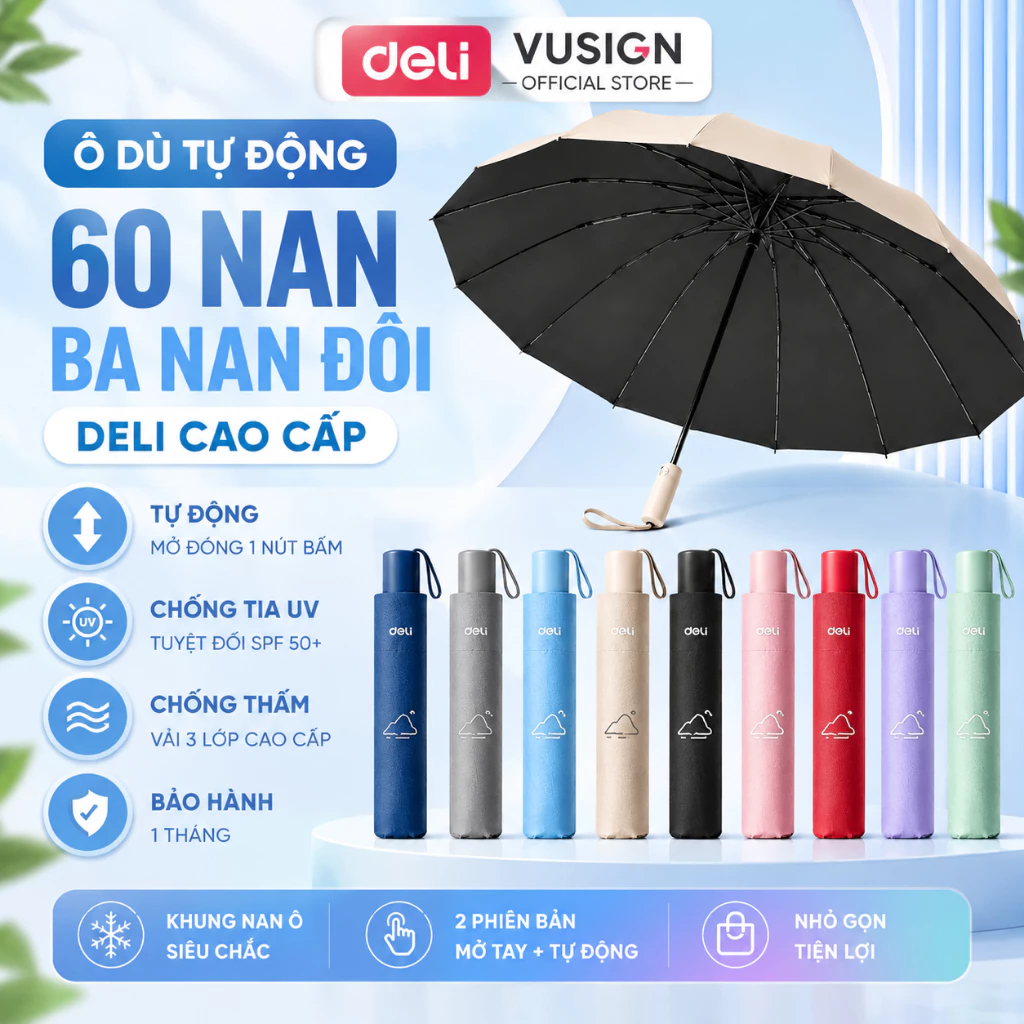 Ô Dù Che Mưa Nắng Tự Động DELI 12 Nan Đôi Xịn Size To Có Nút Đóng/Mở Thông Minh Gấp Gọn Chống UV