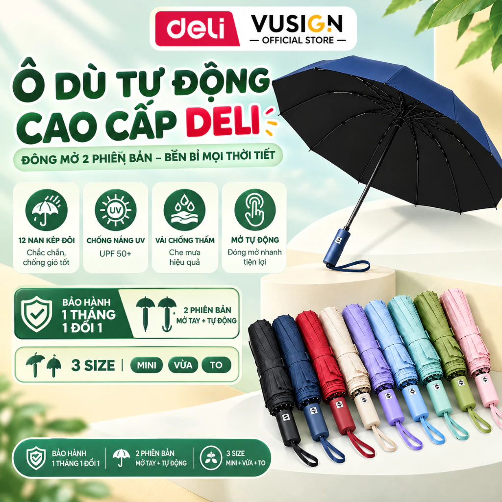 Ô Dù Deli Spanspace Tự Động Đóng Mở 12 Nan Kép Chống Nắng Mưa Tia UV Nhỏ Gọn Bền Chắc