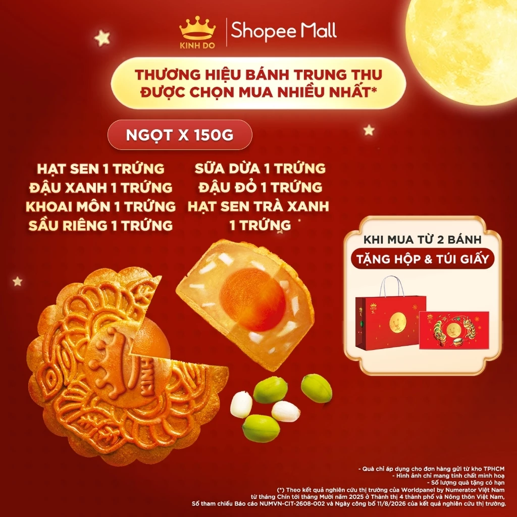 [KOL] Bánh trung thu Kinh Đô - Bánh nướng nhân ngọt 1 trứng 150g (HS/ ĐX/ Khoai môn/ Sầu riêng/ Sữa dừa/ Đậu đỏ)