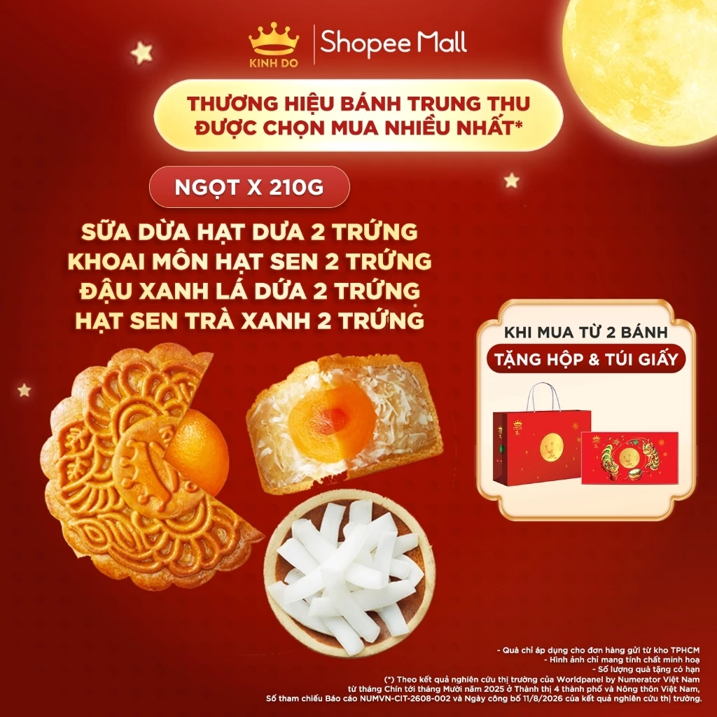 Bánh trung thu Kinh Đô - Bánh nướng nhân ngọt 2 trứng 210g (Khoai môn HS/ Sữa dừa hạt dưa/ Đậu xanh lá dứa/ HS trà xanh)
