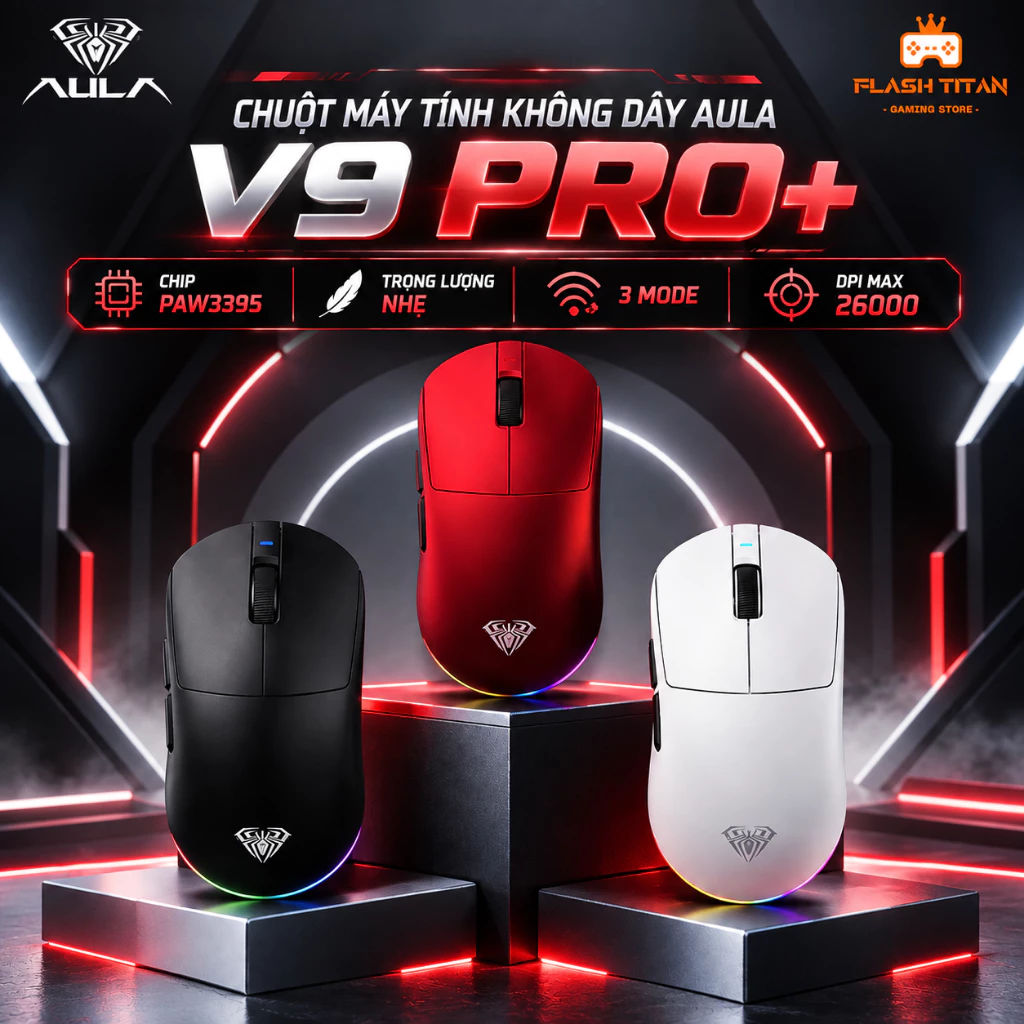 Chuột không dây Gaming AULA V9 Pro - V9 Ultra - 3 mode kết nối - Có app tùy chỉnh - Sensor PAW3395