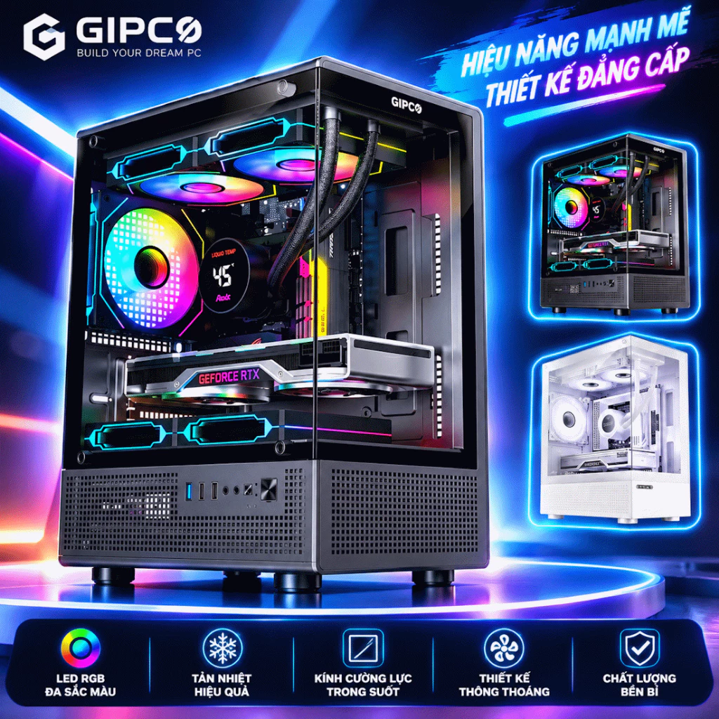 Vỏ Máy Tính Kính Cường Lực Toàn Cảnh | GIPCO 7968 - 8586 | Vỏ Case Bể Cá | + Kèm Fan LED