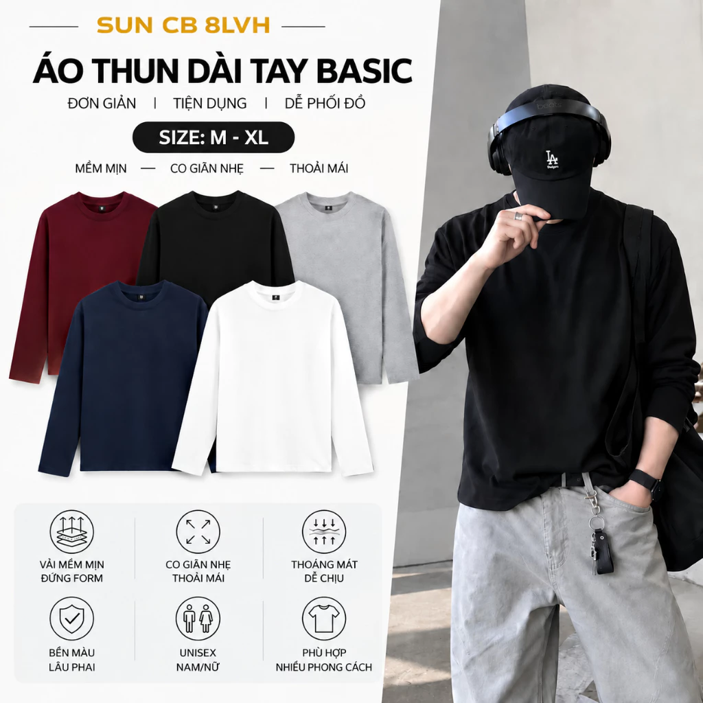 Áo thun dài tay nam nữ chất liệu cotton 2 chiều mềm basic thu đông SUN CB 8LVH H4, dễ phối đồ theo phong cách Hàn Quốc