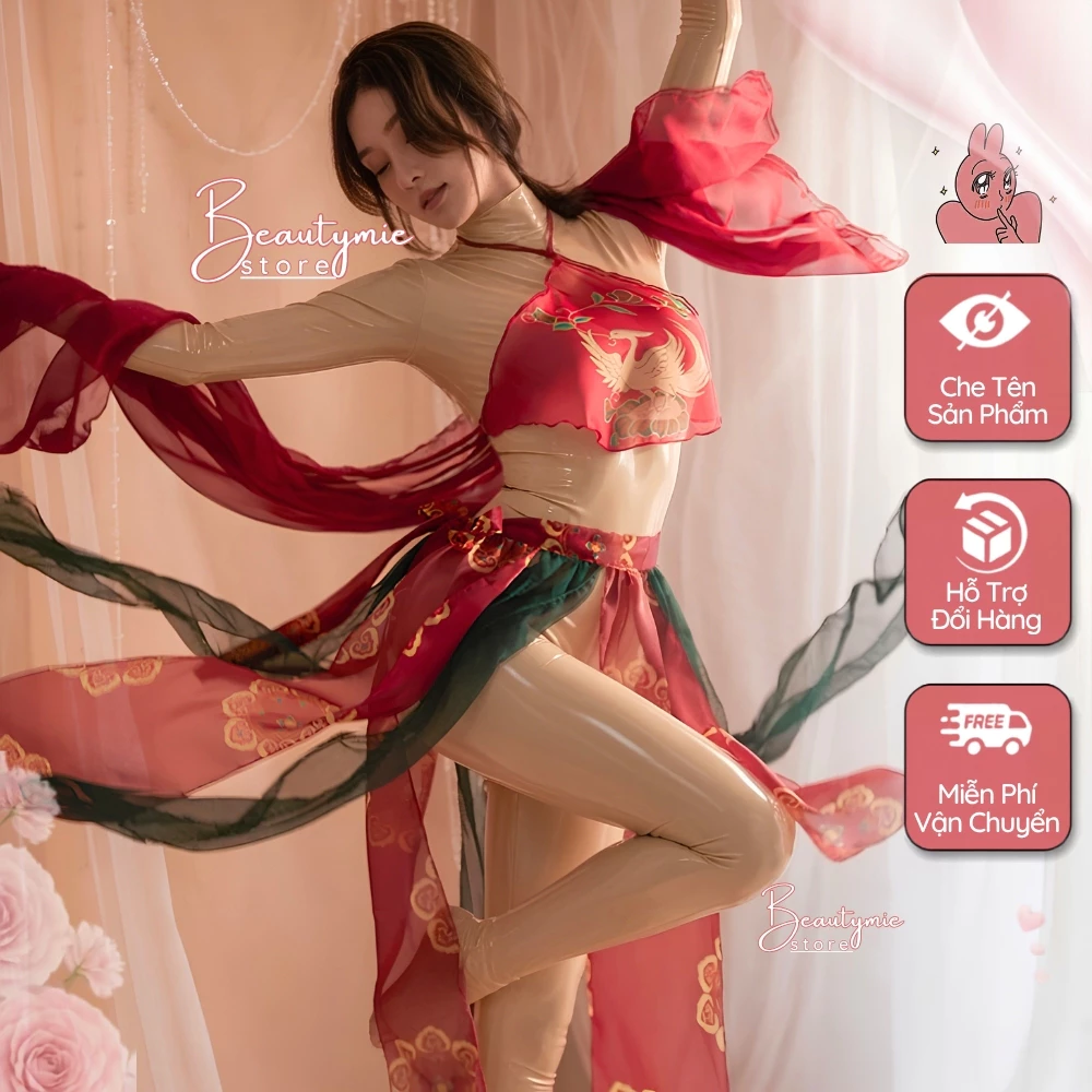 Đồ Ngủ Họa Tiết Công DN08 Gợi Cảm Quyến Rũ, Váy ngủ + Yếm + Khăn Voan Họa Tiết Cổ Trang Sexy Cuốn Hút