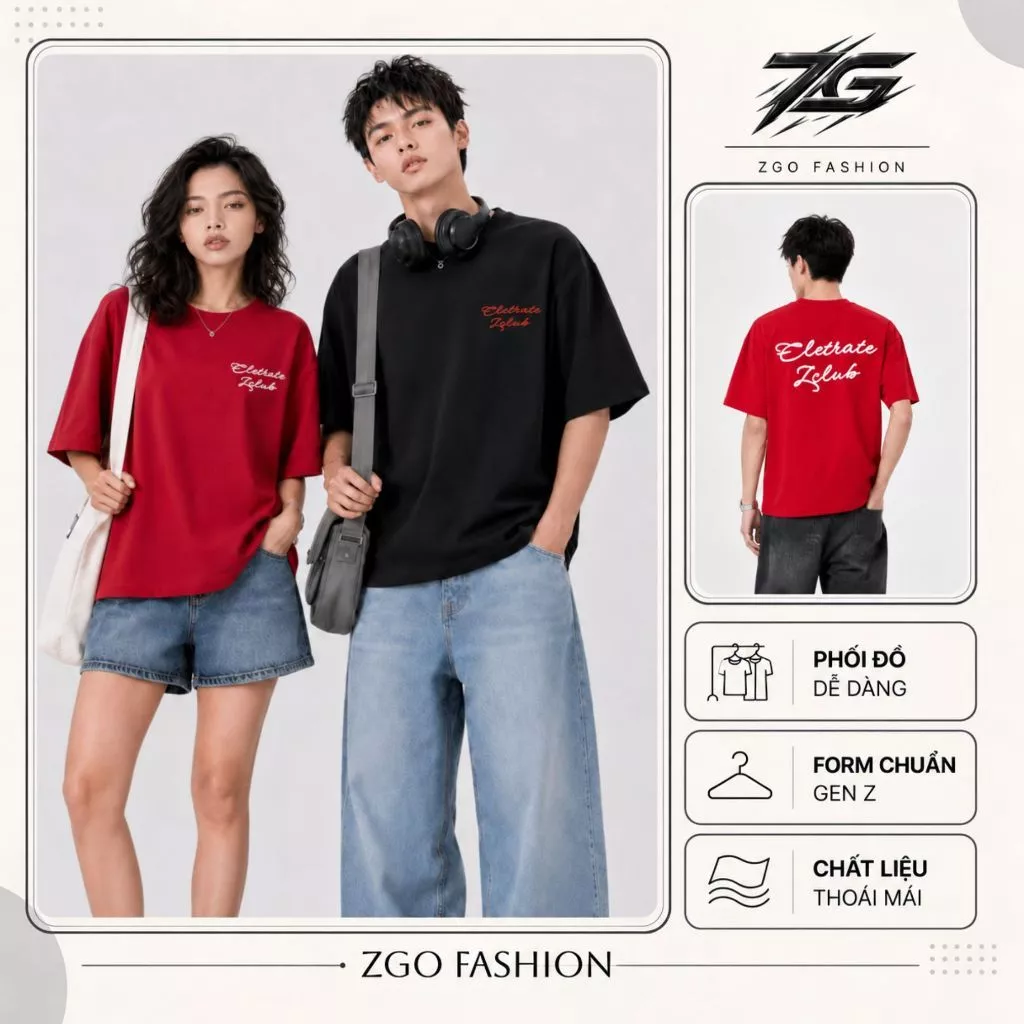 Áo thun boxy ZGO áo boxy thêu xù cổ tròn chất cotton cao cấp thoáng mát AZG14