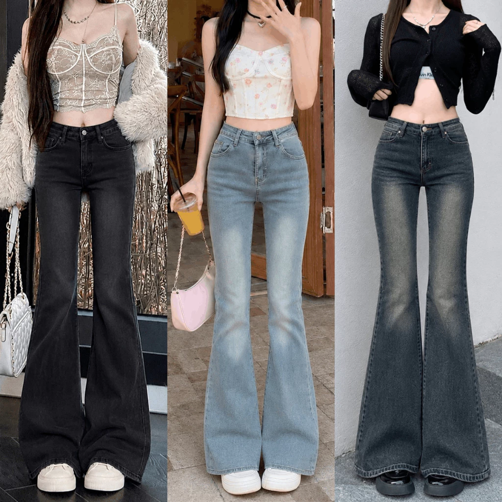 Quần Jean Nữ Ống Loe Ôm Đùi Cạp Cao Màu Xanh WASH Ôm Eo Quần Bò Loe Co Giãn Ống Rộng Unisex MIAA