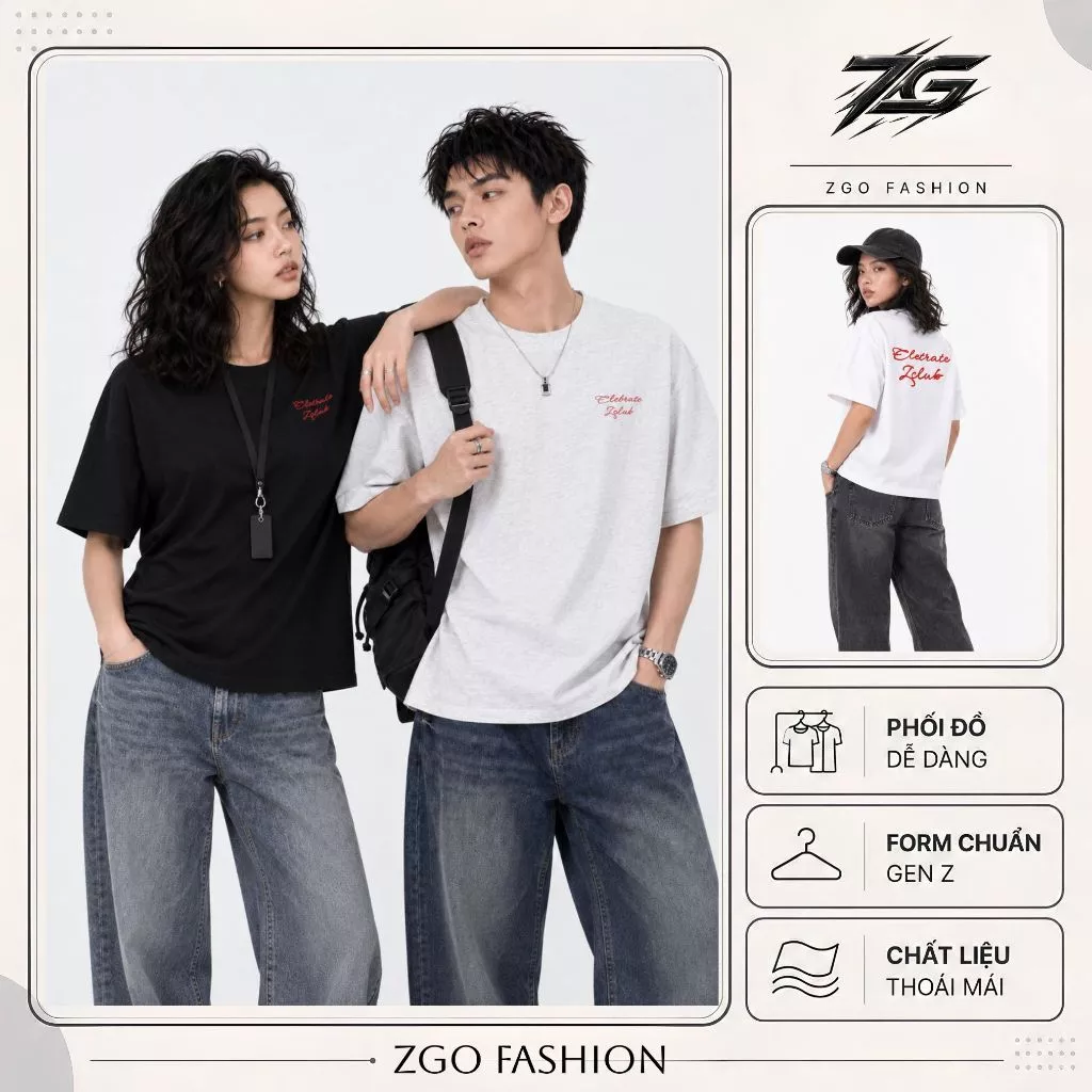 Áo thun boxy ZGO áo boxy thêu xù cổ tròn chất cotton cao cấp thoáng mát AZG14