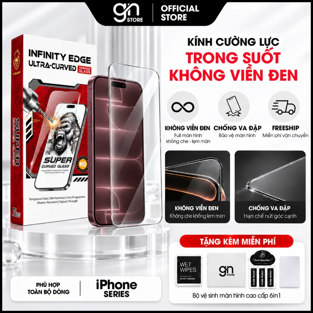 Kính cường lực không viền cho iPhone 18 Promax, 17 Promax 16/15/14/13/12/11…