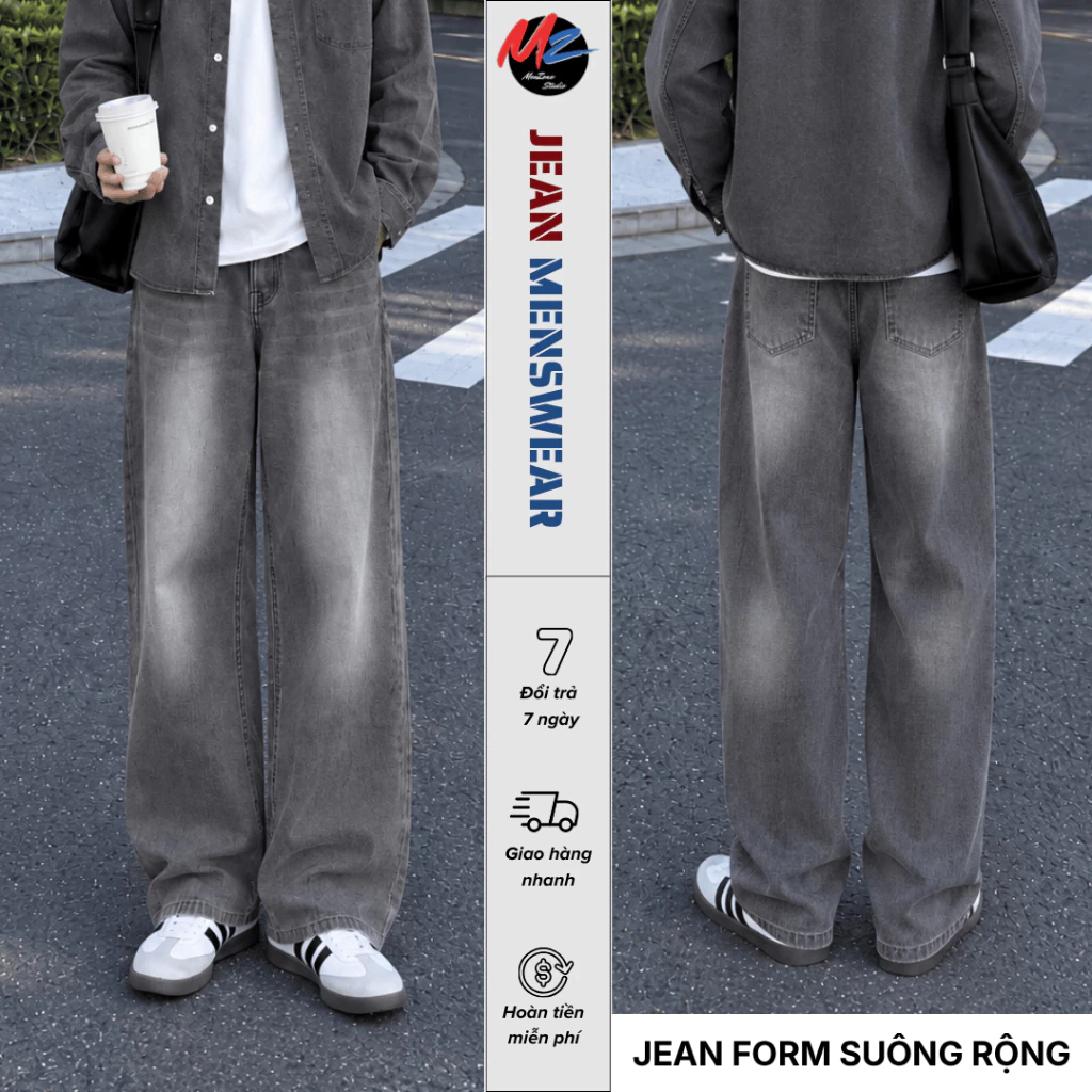 Quần Jean Dáng Baggy Ống Suông Rộng,Phong Cách Retro Xám Khói Vintage MenZone,Quần Bò Nam Nữ