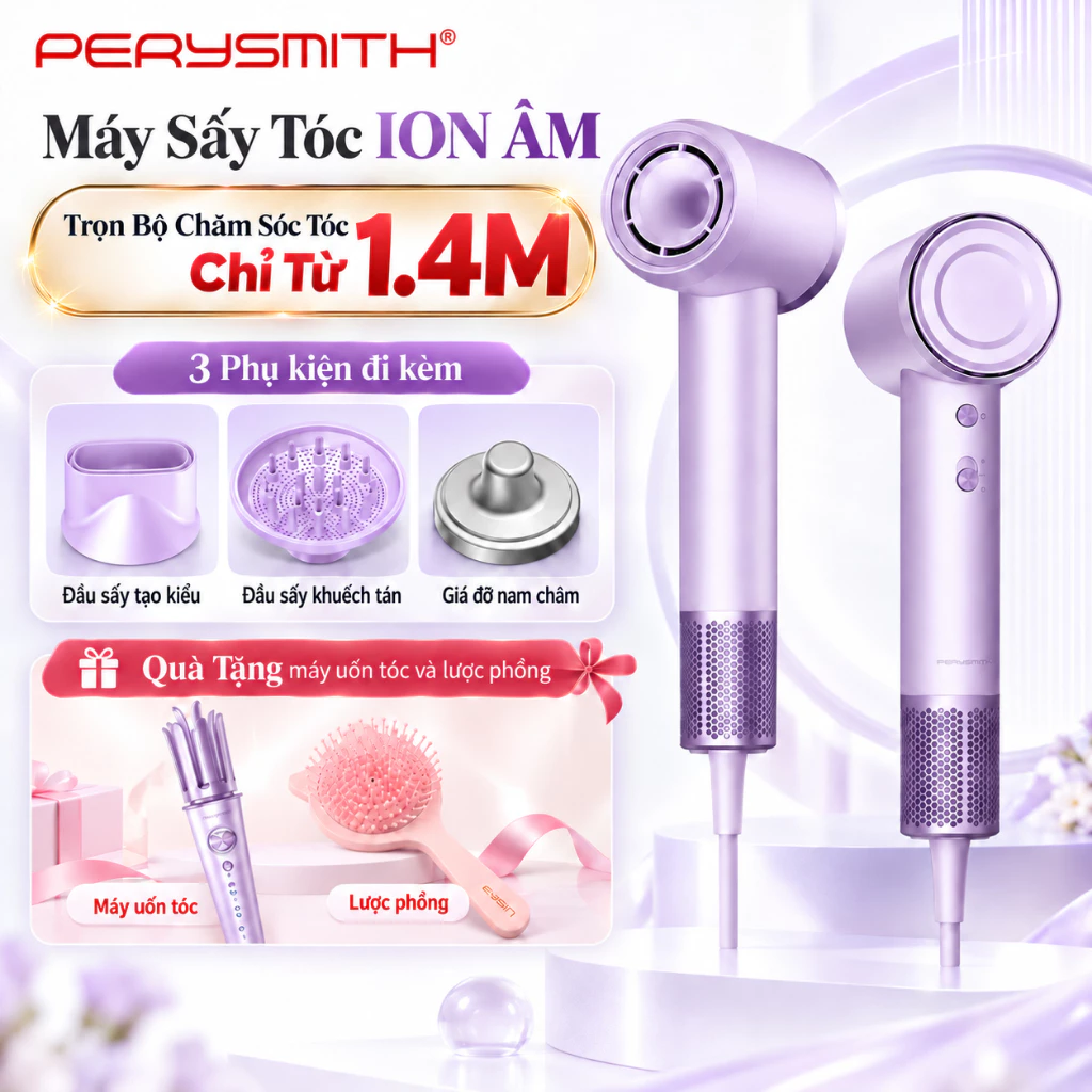 Máy Sấy Tóc ION10 PerySmith - 400 triệu ION Âm, 4 Chế Độ Sấy, Giá Gán Tường, Phụ Kiện Tạo Kiểu