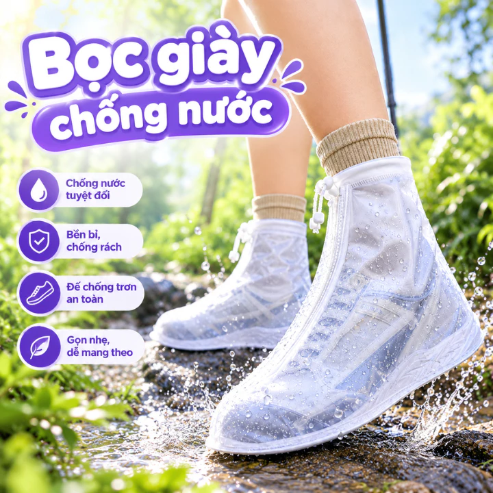 Bọc Giày Chống Nước PEVA Đi Mưa, Bao Giày Chống Thấm Có Khóa Kéo, Đế Chống Trơn Bảo Vệ Giày Dép