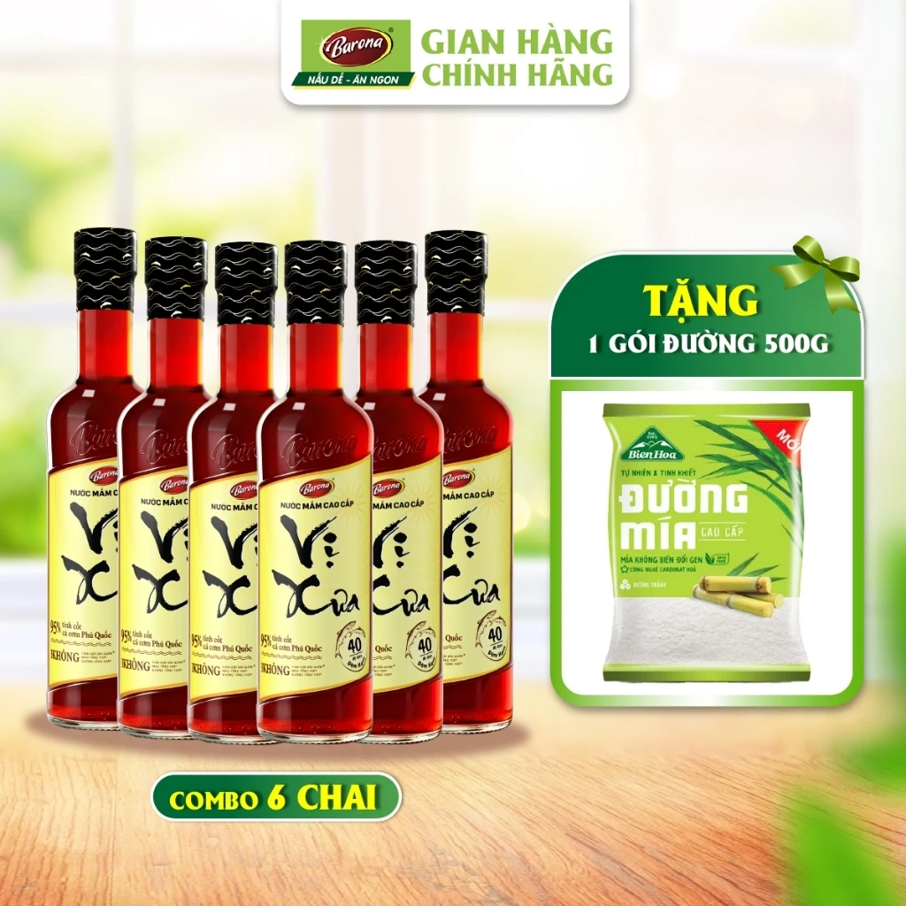 Thùng 6 chai Nước Mắm Cao Cấp Vị Xưa Barona 40 độ đạm, 500ml/chai [tặng 500g đường]