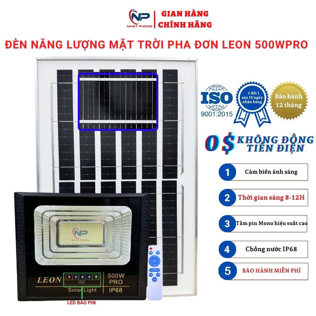 Đèn năng lượng mặt trời pha leon 500wpro siêu sáng điều khiển từ xa, tấm pin mono dây dài gần 5m,bảo hành 1 năm