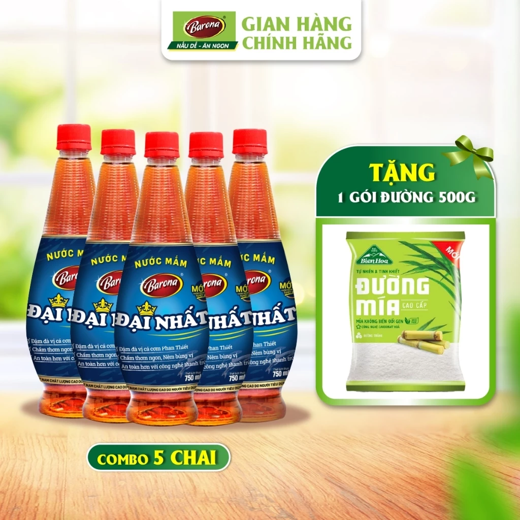 Bộ 5 chai Nước Mắm Barona Đại Nhất 12 Độ Đạm- 750ml/chai + [tặng 500g đường]