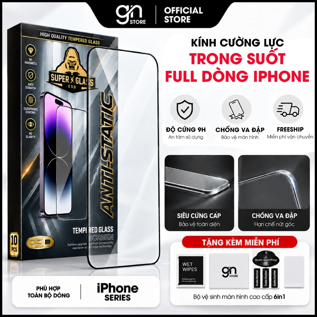 Kính cường lực cho iPhone 18 Promax 17/16/15/14/13/12/11 Promax/Plus/Mini/Xs/Xr full màn bảo vệ màn hình - GN STORE