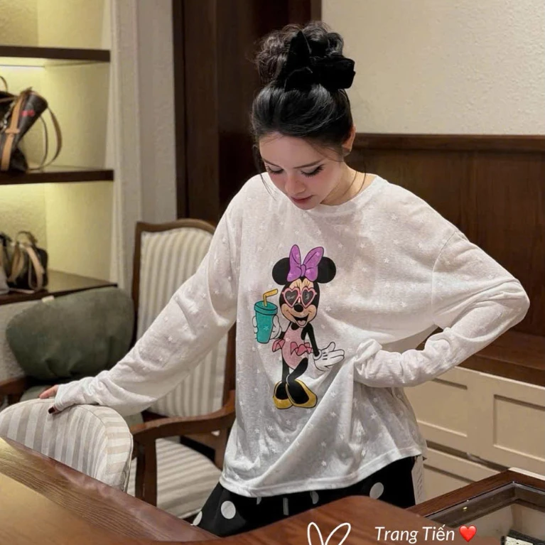 (Hàng QC) Áo Phông Giấy Dài Tay Minnie Form Rộng - Dài 66cm