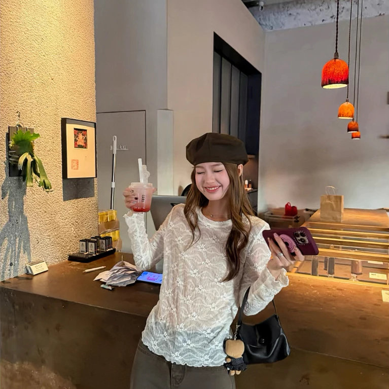[MINT] Áo ren hoa mềm co giãn dài tay cổ tròn Anna top
