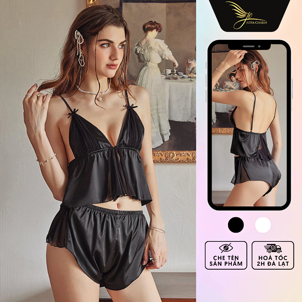 Bộ Ngủ 2 Dây Quần Đùi, Đồ Mặc Nhà Croptop JUNA Freesize Thời Trang Đồ Ngủ Dành Cho Nữ, Chất Lụa Phối Voan, Màu Đen/SP309