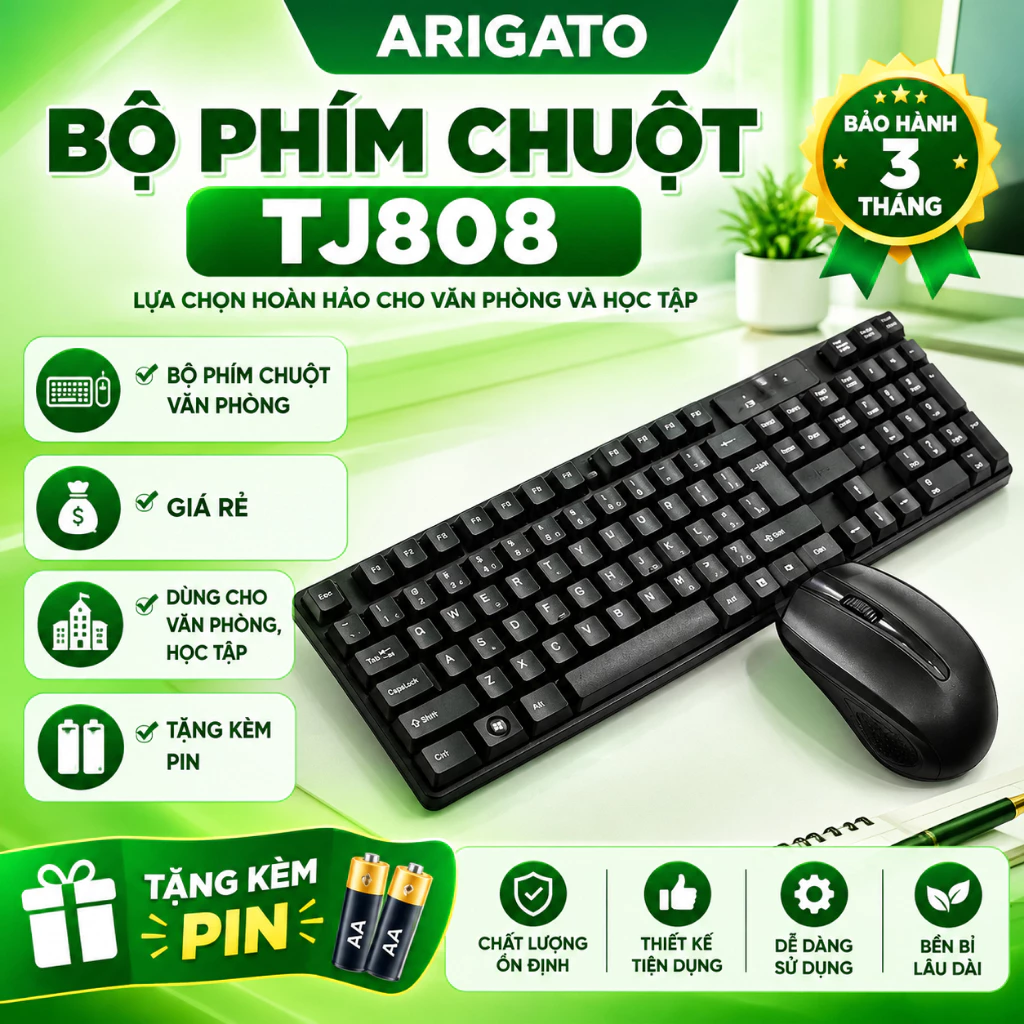 Bộ Phím Chuột Không Dây TJ808 Cho PC Laptop Văn Phòng Học Tập Kết Nối Ổn Định Tặng Pin