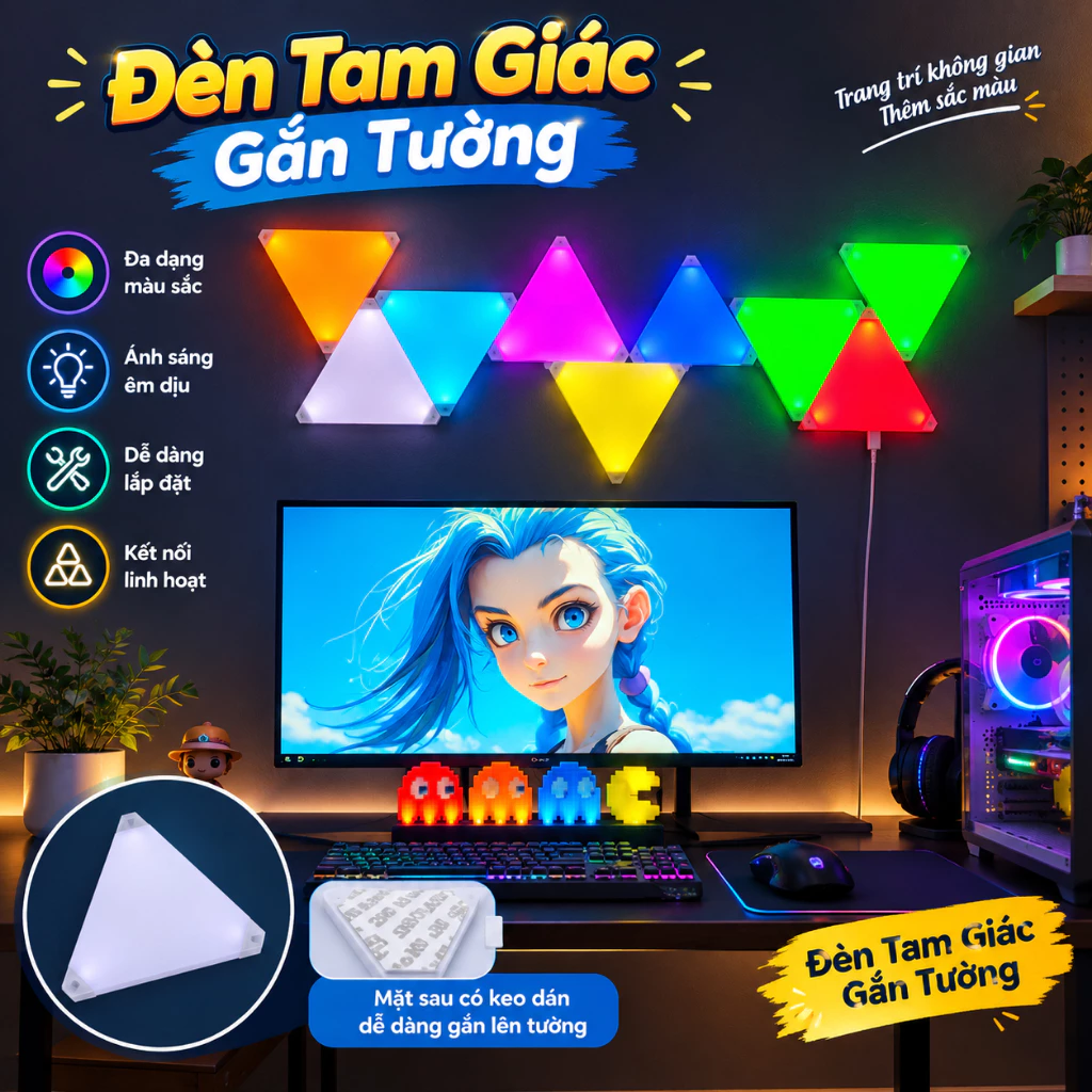 Đèn Led Trang Trí Tam Giác Tấm Lớn, Lắp Ghép Gắn Tường RGB Cảm Biến Âm Thanh, Có App, Remote