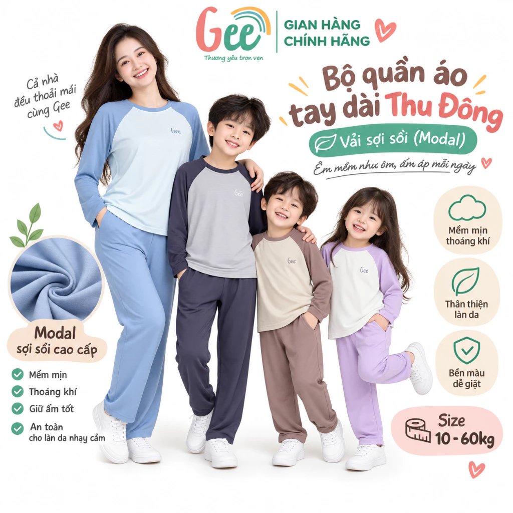 Đồ bộ mặc nhà dài tay thu đông Gee cho bé trai, bé gái 10-65kg, vải sợi sồi, mềm mại, thấm hút