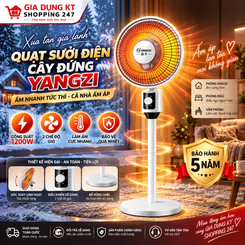 Quạt Sưởi Điện Cây Đứng YANGZI, Quạt Sưởi Công Suất Lớn 1200W, Làm Ấm Cực Nhanh, Hoạt Động Mạnh Mẽ, Bền Bỉ