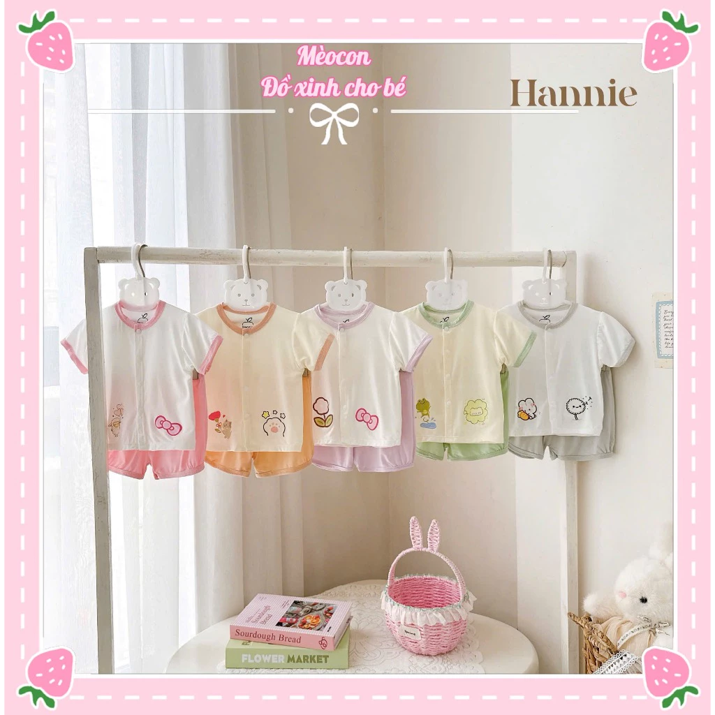 Bộ cộc tay sơ sinh vải Petit cao cấp cài khuy giữa cho bé trai và bé gái từ 3-9kg Hannie