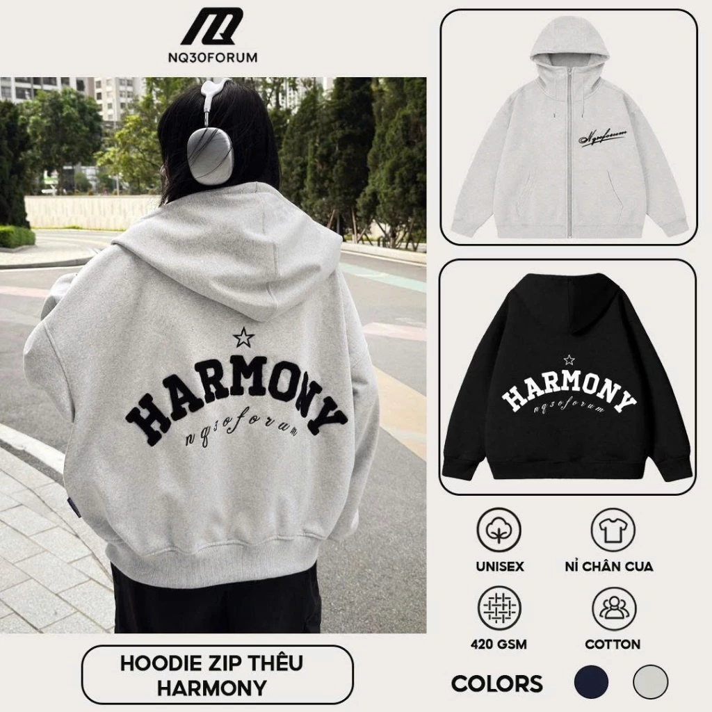 Áo Hoodie Zip Nam Nữ Form Boxy Unisex Thêu NQ30 HARMONY – Áo Khoác Nỉ Dày Dặn, Có Nón, Phong Cách