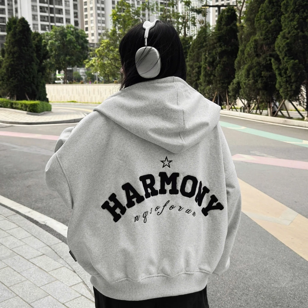 Áo Khoác  HOODIES ZIP NQ30 Forum HARMONY màu Xám Form BOXY  BASIC Vải Mịn Dày
