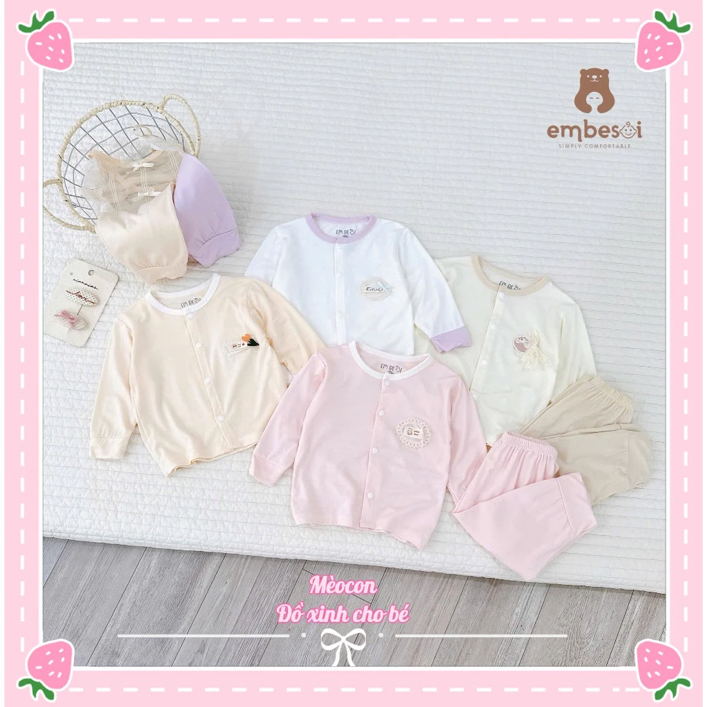 Bộ dài tay sơ sinh cài giữa vải petit mềm mịn, bảng màu pastel cho bé gái 3-9kg