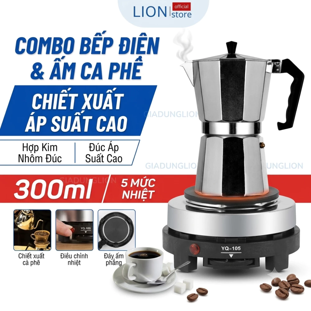 Bếp Điện Mini 500W Và Ấm Pha Cà Phê Moka Express (300ml) Cao Cấp Chuẩn Vị Cà Phê Ý